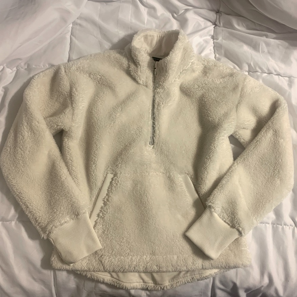 NWOT All in Motion Girls Cream Teddy Bear Fleece 1/4 Zip Jacket Sweater M 7/8 7